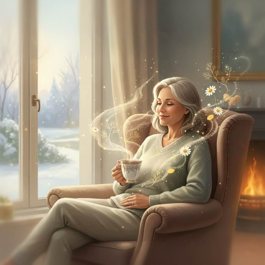 femme qui boit une tisane pour dégonfler et éliminer les kilos des fêtes